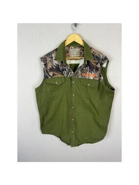 Realtree Trees & Trails Mens Camo Yoke Button Down Hunting Cutoff Vest Green L